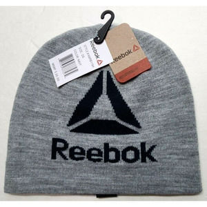 Reebok Men's Beanie Hat Gray Blue One Size Reversible Big Logo Knit Warm MSRP$30